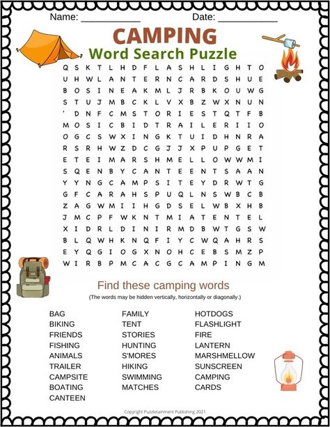 Camping word search puzzle. It contains 25 camping words. It is a free printable PDF. Adult Activity Printables, Camping Word Search, Camping Worksheets, Word Searches For Kids, Word Search For Adults, Summer Puzzle, Free Word Search Puzzles, Kids Word Search, Nursing Home Activities