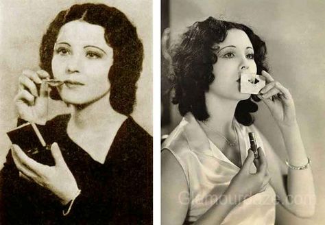 1930-Beauty-Shop---Rouging-the-Lips---Raquel-Torres Raquel Torres, Lipstick Tricks, Mouth Shapes, 1930s Makeup, Hair Plopping, Red Pixie, Hollywood Beauty, Makeup News, Retro Hair