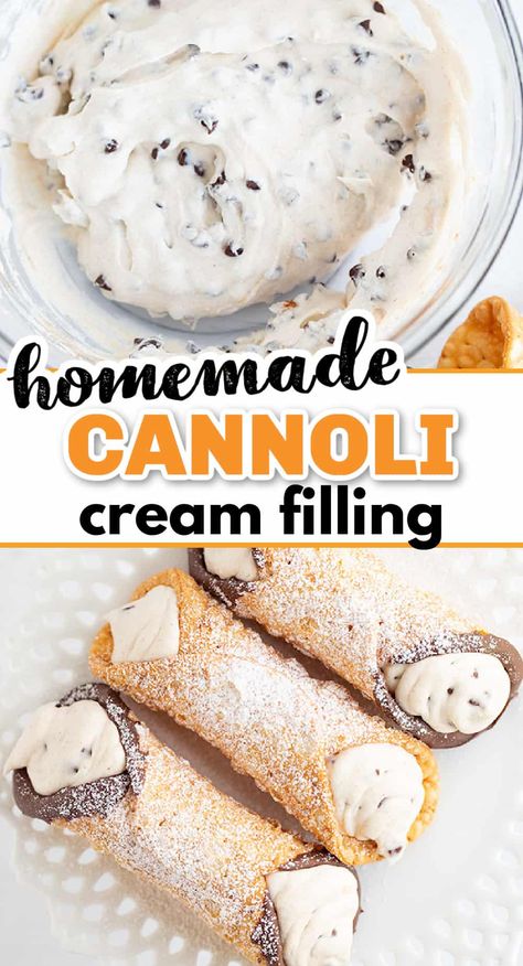 Cannoli Cream - Cannoli filling is a rich and creamy sweet cheese mixture made with a blend of ricotta and mascarpone cheese. It's traditionally used to make the Italian dessert known as cannoli, but it can also be used as a filling for cakes and sandwich cookies. #cookiedoughandovenmitt #desserts #dessertrecipes Italian Dessert Cannoli, How To Make Canolli Filling, Italian Cream Filling, Cannoli Cake Filling Recipe, Cannoli Filling With Cream Cheese, Ricotta Filling For Cannoli, Ricotta Cake Filling, Tiramisu Cannoli Recipe, Ricotta Cream Filling