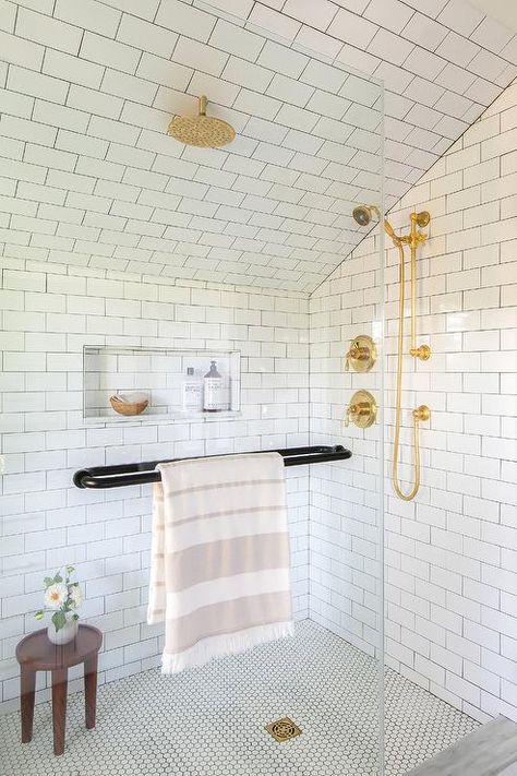 White Hexagon Tile Floor, Sloped Wall, Attic Bathroom Ideas, Tile Shower Niche, White Hexagon Tiles, Subway Tile Design, Ceiling Shower Head, Blue Tile Wall, Hexagon Tile Floor