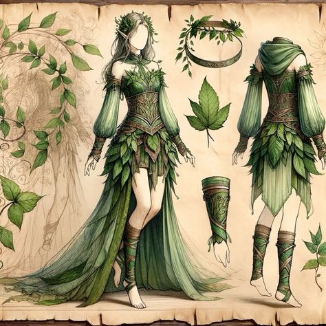 Forest Inspired Clothes, Druid Ball Gown, Rennaisance Outfits Winter, Fairy Elf Outfit, Druid Outfit Aesthetic, Druid Cosplay Woman, D D Character Ideas Druid, Fantasy Aesthetic Drawing, Plant Inspired Outfits