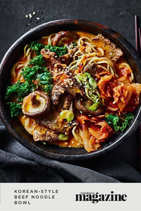 On the table in half an hour, this Korean noodle soup with gochujang is the perfect way to warm up a chilly evening. You can pack in any veggies you fancy, or swap the beef for chicken or prawns. Get the Sainsbury's magazine recipe Gochujang Soup, Korean Beef Noodles, Beef Noodle Bowl, Korean Noodle Soup, Korean Style Beef, Gochujang Recipe, Magazine Recipe, Beef Noodles, Hearty Beef Stew