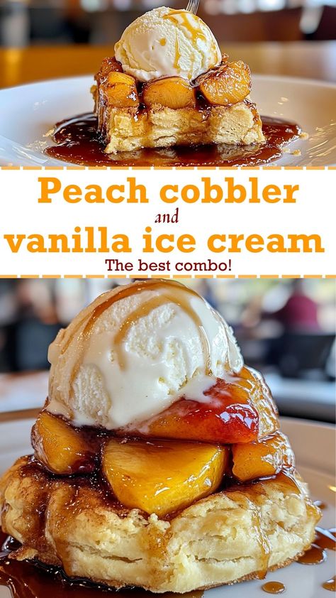 peach cobbler & vanilla ice cream the best combo Peaches Baked, Trending Desserts, Homemade Peach Cobbler, Creamy Vanilla Ice Cream, Frozen Peaches, Peach Cobbler Recipe, S'mores Bar, Fresh Peaches, Cobbler Recipe