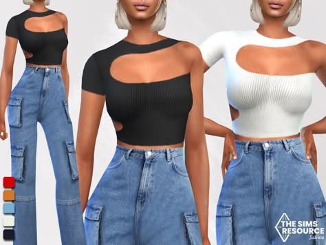 The Sims Resource - One Shoulder Short Sleeve Crop Tops Sims 4 Cc Clothes Shirts, Sims 4 Cc Tops Shirts, The Sims 4 Cc Shirts, Sims4 Cc Crop Tops, Sims 4 Cc Clothes Female Aesthetic Tops, Sims4 Cc Tops, Sims 4 One Shoulder Top, Sims Cc Shirts, Sims 4 Clothes Cc Female Tops