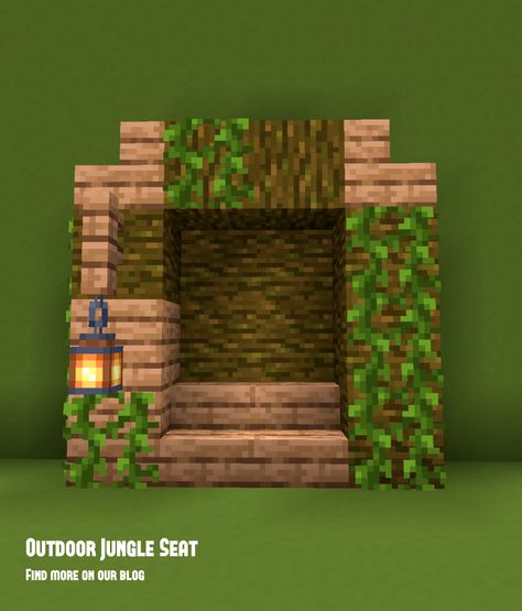 A simple minecraft bench using jungle materials and blocks. Minecraft Jungle Block Pallete, Jungle House Minecraft Simple, Minecraft Seats, Minecraft Outdoor Seating, Minecraft Material Combinations, Minecraft Jungle Farm, Minecraft Seating Area, Minecraft Vines, Minecraft Jungle Builds