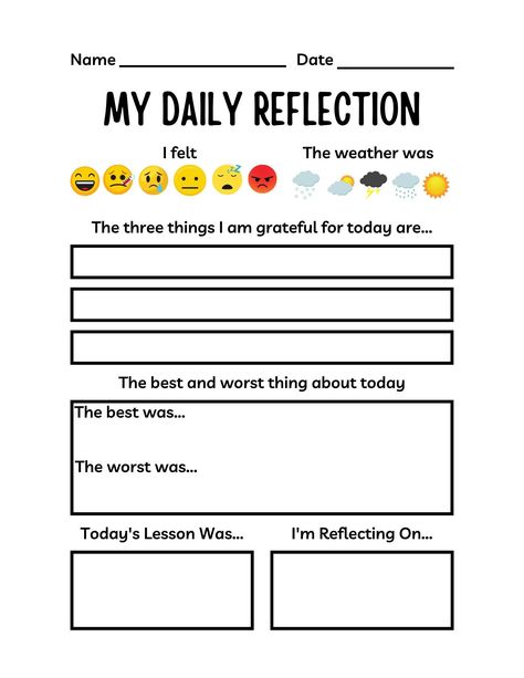 Printable and reusable daily feeling and reflections journal for students and kinds How I Feel Emotions Template, Reflection Sheets For Students, Behavior Reflection Sheet, Student Reflection Sheet, Reflections Journal, Family Therapy Activities, Journal For Students, Reflection Sheet, Behavior Reflection