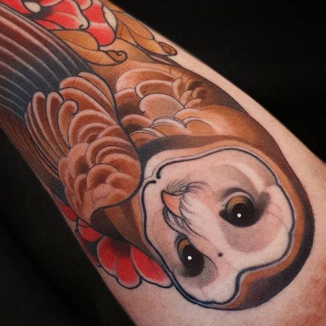 Neo Traditional Pet Tattoo, Neotrad Animal Tattoo, Neo Traditional Animals, Barn Owl Tattoo Design, Neotraditional Owl Tattoo, Neo Traditional Owl Tattoo, Neo Traditional Owl, Neo Traditional Sleeve, Farm Tattoo