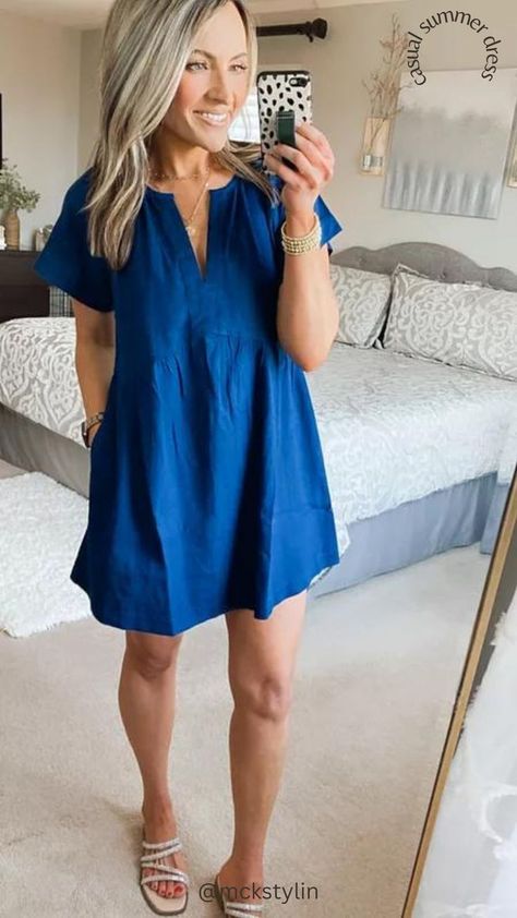 Casual Summer Dress Outfit for Women. Short Summer Dress. Casual Blue Dress Outfit, Blue Brunch Outfit, Classy Brunch Outfit, Casual Blue Dress, Classy Brunch, Blue Dress Outfit, Blue Dress Outfits, Short Summer Dress, Staple Wardrobe