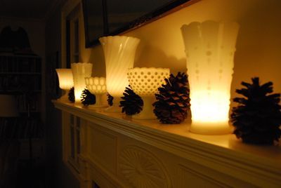 Milk Glass with Tea Lights.  Brilliant! Milk Glass Display, Milk Glass Decor, Winter Decorating Ideas, Milk Glass Collection, Above Cabinets, Winter Decorating, Kitchen Ware, Indoor Garden Ideas, Fenton Glass