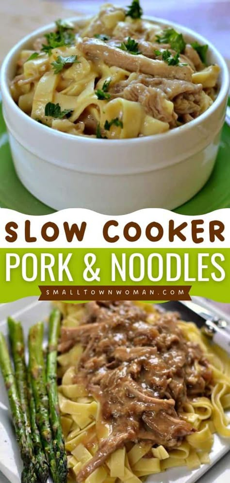 Need some warm comfort food? Your family will love this Slow Cooker Pork and Noodles! Made with crock pot pork tenderloin and Amish egg noodles in a savory gravy, this simple dinner recipe is so good!