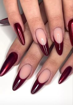 Shiny Burgundy Nails, Cherry Wine Nails Design, Wine Red Nails Designs Art, Wine Nails Acrylic, Merlot Nails Design, Almond Nails Red Design, Vampy Nails Almond, Dark Red Almond Nails Designs, Sangria Nails