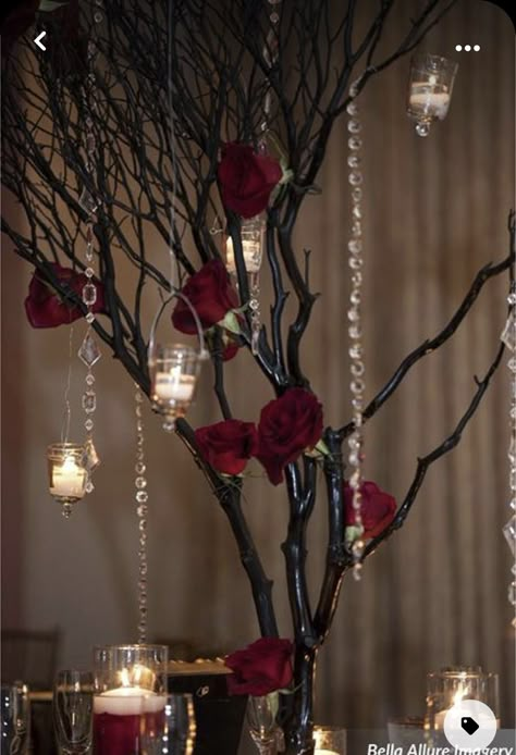 Gothic Arbor Wedding, Red And Dark Purple Wedding, Diy Gothic Centerpieces, Goth Prom Decorations, Gothic Wedding Centerpieces Diy, Gothic Birthday Decorations, Dark Fairytale Wedding Centerpieces, Diy Dark Wedding Decor, Gothic Quinceanera Theme