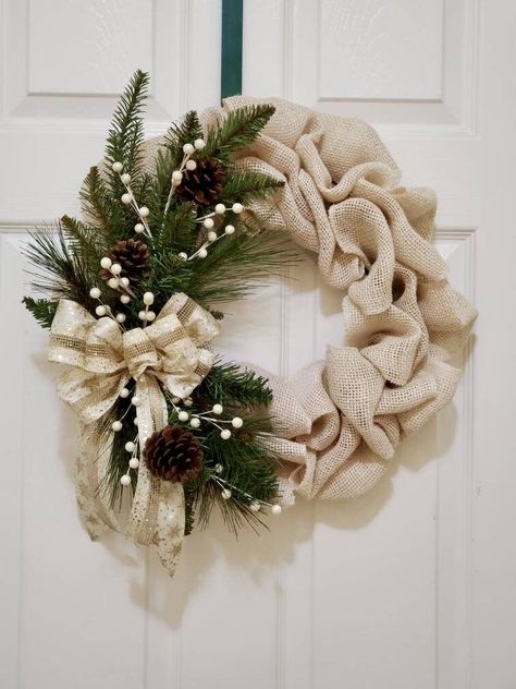 Brown Paper Base Wreath, Burlap Pinecone Wreath, Burlap Wreaths For Front Door Winter, Grey Wicker Christmas Wreath, Wide Burlap Wreath, Hiw To Make A Bow For A Wreath Burlap, Burlap On Christmas Wreath, Poly Burlap Christmas Flower Wreath, Rustic Burlap Christmas Wreath