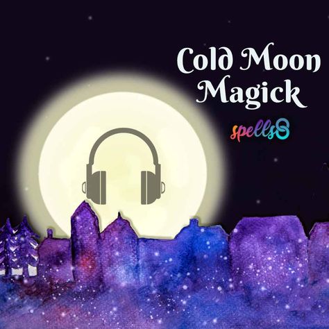 Audio icon on moon and city skyline. Cold Moon Ritual, Full Cold Moon, December Full Moon, Moon Gemini, Moon Meditation, Winter Begins, Cold Moon, Sagittarius Season, Moon Magick