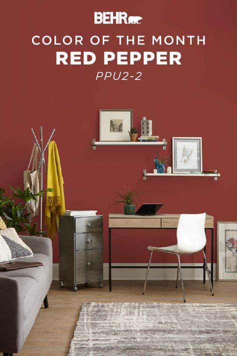 Looking for a new wall color for your home office? The Behr paint Color of the Month, Red Pepper, is the perfect choice. This deep shade of red adds a subtle pop of color to the walls, and complements the neutral gray tones in this interior space. Click below for full color details. Red Behr Paint Colors, Behr Red Paint Colors, Behr Red Pepper, Red Wall Color, Peppercorn Paint Color, Peppercorn Paint, Vermont House, Design Color Trends, Red Paint Colors