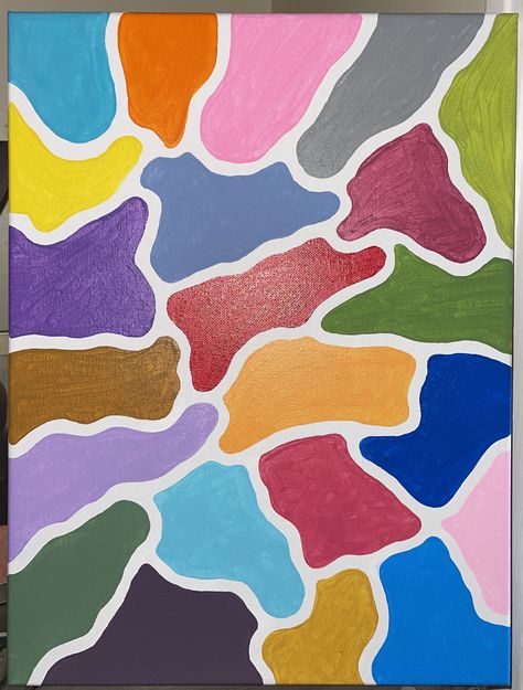 Canvas covered by many different colored abstract shapes in a camo like design, separated by white blank space Paint Blobs Art, Blob Painting, Blob Art, Acrylic Canvas Painting, Beginner Painting, Acrylic Canvas, Abstract Acrylic, Colorful Abstract, To Leave