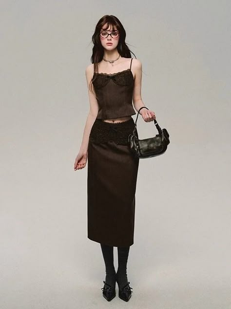 Slim Fit Lace Stitch Camisole ＆ Spliced Skirt – ARCANA ARCHIVE Satin Camisole, Skirt And Top Set, Suspender Skirt, Brown Skirts, Draped Fabric, Set Up, Gray Skirt, Skirts For Sale, Skirt Outfits