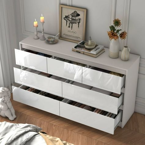 "ChVans Modern 7 Drawer Dresser, 55"" High Gloss White Wood Chest for Bedroom, Living Room, Entryway" - Walmart.com White Dresser 6 Drawer, Clothes Drawer Ideas, Wall To Wall Dresser, Tall Dressers For Bedroom, White Chest Of Drawers Decor, Cute White Dresser, Aesthetic Bedroom Dresser, Dresser Room Ideas, Cute Dressers For Bedroom