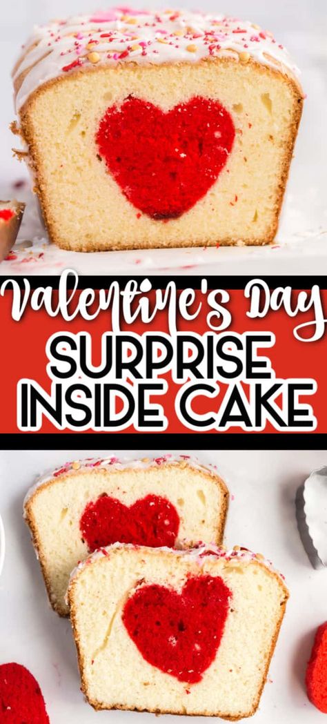 Valentine's Day SURPRISE INSIDE Heart Cake! So easy using a boxed cake mix. You can cut out any shape to hide in the cake! Such a fun peekaboo surprise when you slice into it! Surprise Inside Cake, Exciting Recipes, Valentines Recipes Desserts, Inside Cake, Boxed Cake, Low Carb Cheesecake, Valentine Desserts, Food Stamps, Box Cake Mix