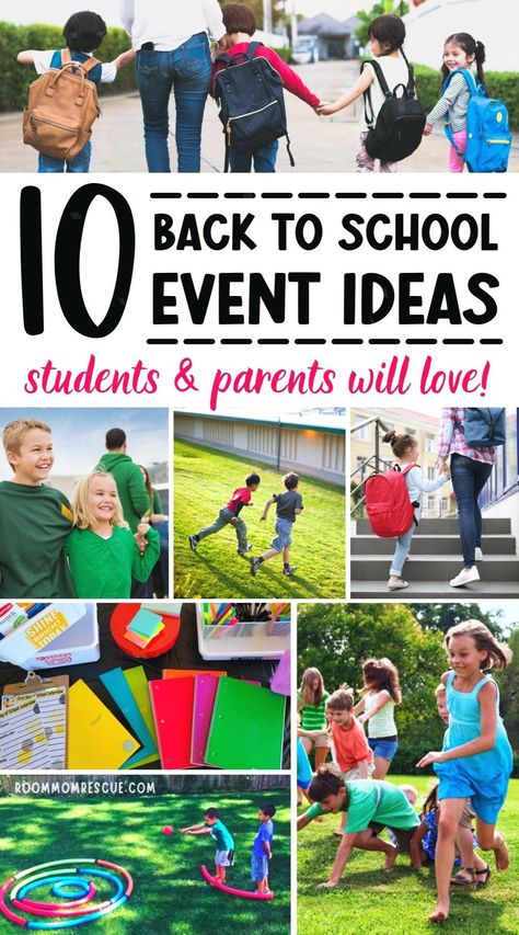 One of the best things about back to school events is that there are countless options to choose from! So, there's no doubt that your school can find an event idea that is the best fit for its school size, unique students, and budget. Get the best ideas for starting up school programs, PTA school planning and coordinating school events at roommomrescue.com! Back To School Cookout Ideas, Pta First Day Of School Ideas, Back To School Pta Ideas, Back To School Resident Event, Pto Back To School Event, Home And School Association Ideas, Back To School Bash Activities, Pta Back To School Night Ideas, Community School Coordinator