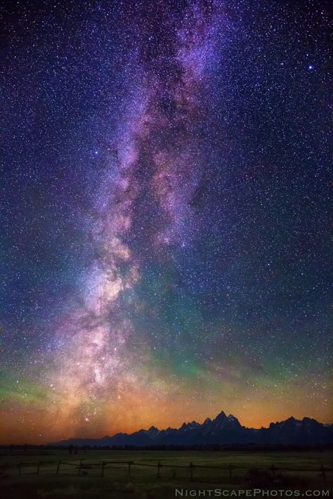 "Milky Way Rainbow" - a panorama of 5 vertical images - Grand Teton NP ~ © Royce Bair (click to enlarge)   This night photography blog con... Milky Way Photography, Beautiful Night Sky, Starry Starry Night, Sky Full Of Stars, Starry Nights, Milky Way Galaxy, The Milky Way, Photosynthesis, To Infinity And Beyond