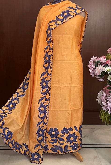 Punjabi Suit Style, Embroidery On Suits, Machine Work Embroidery On Suits, Machine Work Embroidery, Suit Painting, Painted Suits, Indian Bride Dresses, Yellow Dupatta, Suite Design