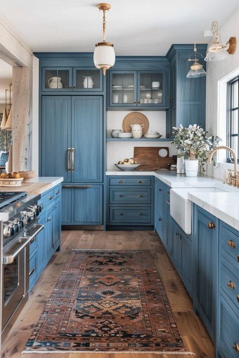 Rustic Kitchen Blue, Blue Aesthetic Home Decor, Blue Cabinets With Butcher Block, Blue Aesthetic Home, Vintage Blue Kitchen, White Blue Kitchen, Blue Shaker Cabinets, Kitschy Kitchen Decor, Blue Kitchen Designs