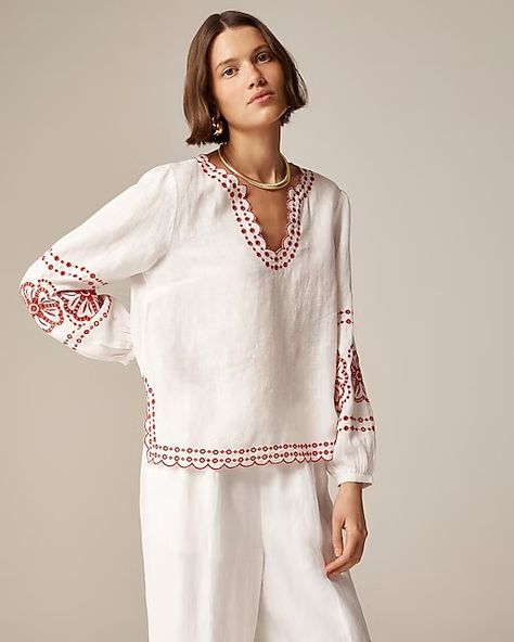 Women's Shirts & Tops New Arrivals | J.Crew Embroidered Cotton Crew Top, Holiday Embroidered Cotton Top, Chic Embroidered Linen Top, Embroidered Tops With 3/4 Sleeve For Vacation, Bohemian Embroidered Cotton V-neck Top, Pencil Skirt Work, Desi Fashion Casual, Western Tops, Summer 2025