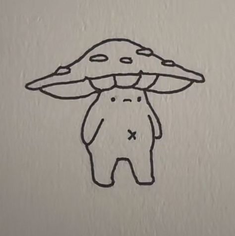 Mushroom Drawings Easy, Forest Doodles Easy, Mushroom Man Drawing, Funny Mushroom Drawing, Mushroom Person Drawing, Goblin Doodle, Lil Drawings, Creepy Drawings, Mushroom Drawing