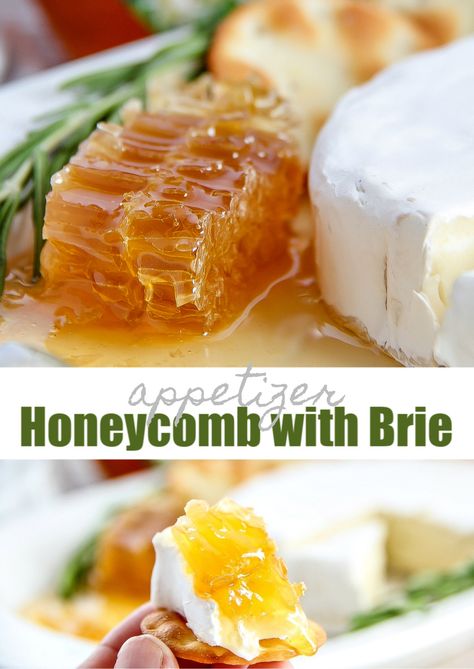 A quick and easy honeycomb with Brie and crackers appetizer plate for entertaining at home. Brie With Honeycomb, Brie And Honeycomb, Honey Themed Charcuterie Board, What To Do With Honeycomb, Honey Themed Party Food, Honey Party Food, Honeycomb Charcuterie Board, Honey Comb Charcuterie, Bee Themed Brunch