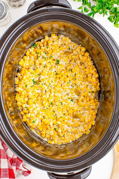 Creamy Corn Recipe Crockpot, Crockpot Corn With Jalapenos, Creamed Corn In Crockpot, Corn Side Dish Crockpot, Smoked Creamed Corn, Slow Cooker Cheddar Corn, Cream Cheese Corn Crockpot, Street Corn Crockpot, Crockpot Corn Recipes