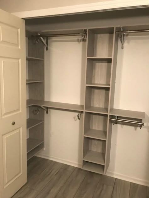 Utilize every inch of that tiny space Closet Building Ideas, Small Narrow Walk In Closet Ideas Layout, Deep Side Closet Organization, Diy Closet For Small Spaces, Tiny Home Bedroom Closet, One Door Closet Ideas, Reach In Closet With Deep Sides, Narrow Hallway Closet Ideas, Split Closet Ideas