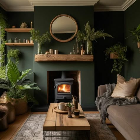 Deep Colour Living Room, Viridian Green Living Room, Black Copper Green Living Room, Lounge Room Renovation, Dark Green And Oak Living Room, Green Living Room Brick Fireplace, Country Green Living Room, Moss Green Living Room Walls, Dark Green Painted Fireplace Brick