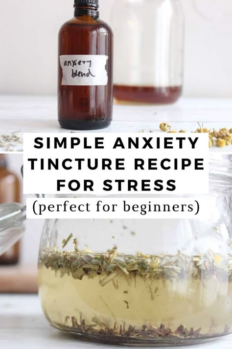 An amber glass dropper bottle with a label that says "anxiety blend". There is dried chamomile and lavender in front of it. A glass jar with the lid open with herbs steeping in alcohol. There is an amber dropper bottle in the background. Tinctures For Colds, Immunity Tincture Recipe, Apothecary Recipes Remedies, Amber Apothecary Jars, Dropper Bottle Uses, Mint Tincture, Herbal Tinctures Recipes, Herbalist Recipes, Lemon Balm Tincture