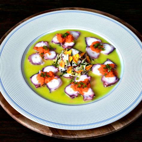 Seafood Menu Ideas, Raw Fish Recipes, Food Plating Design, Octopus Carpaccio, Seafood Ceviche, Mexican Fish, Carpaccio Recipe, White Octopus, Fish Roe