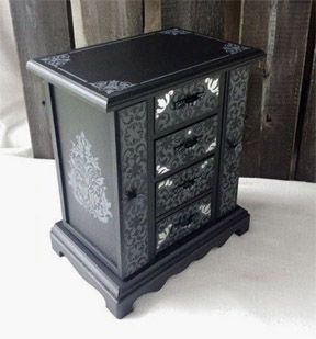 Gothic Furniture Diy, Jewelry Box Hardware, Flatware Box, Black Jewelry Box, Box Makeover, Altered Jewelry, French Gothic, Jewelry Box Vintage, Jewelry Box Makeover