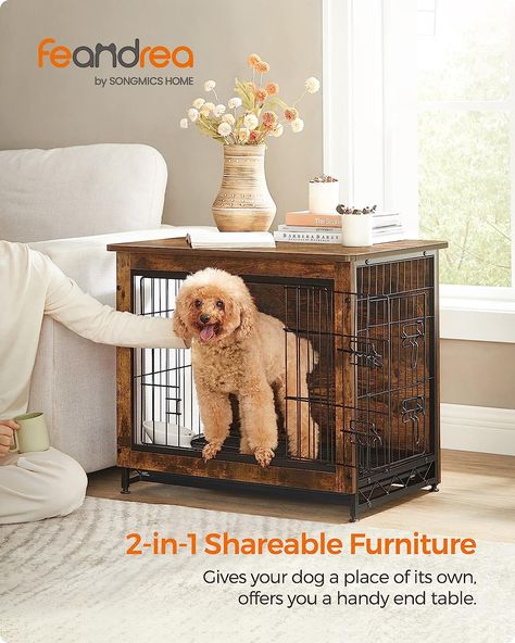 [1 Crate, 3 Uses] Offers a safe haven for your dog, serves as a side table or nightstand for you, and easily blends in with your home decor and elevates your space—this dog crate meets everyone’s need, from your dog to you and your home [Sturdy and Chew-Resistant] Made with durable particleboard and steel, this piece of dog furniture is sturdier and more chew-resistant than wooden dog crates, offering a lasting, stable, and safe retreat for your fur friend 100 Días De Clases, Dog Crate Table, Furniture Style Dog Crate, Indoor Dog Kennel, Crate End Tables, Wooden Dog Kennels, Wooden Dog Crate, Dog Kennel Furniture, Crate Table