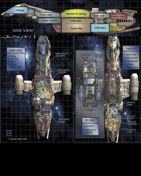 Serenity Ship Firefly, Star Wars Ship Layouts, Firefly Serenity Ship, Spaceship Floor Plan, Space Ships Concept Design, Starfinder Ship, Firefly Spaceship, Spaceship Layout, Ship Layout