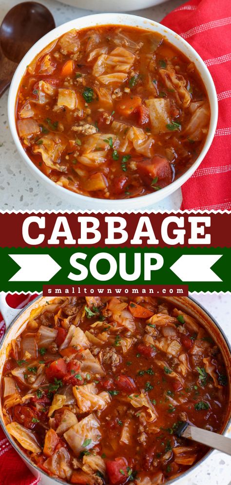 This Cabbage Soup is a simple soup recipe that's healthy, hearty, and perfect for the family. This tasty recipe for dinner makes an easy winter recipe or a delicious comfort food idea! Pork Cabbage Soup, Cabbage And Bean Soup, Cabbage Sausage Soup, Cabbage Vegetable Soup, Purple Cabbage Recipes, Hearty Winter Recipes, Zuppa Soup, Portuguese Sausage, Cabbage Soup Recipe