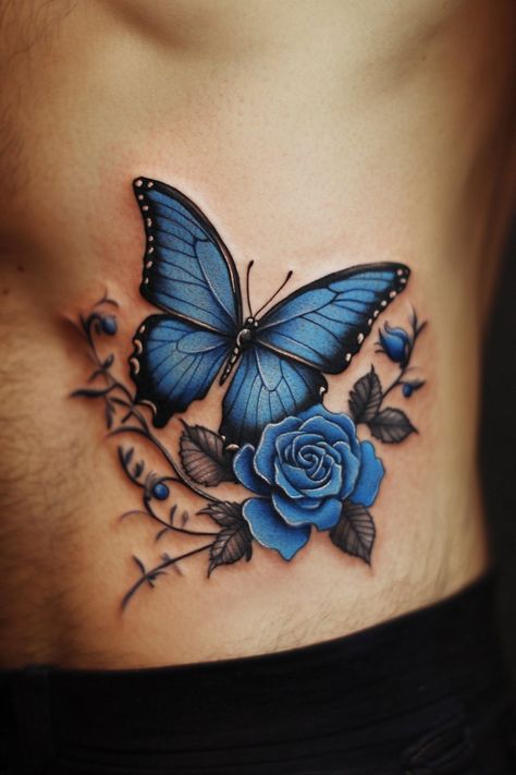 Blue Flowers Tattoo Design, Coverup Wrist Tattoos For Women, Butterfly Foot Tattoo, Thigh Tattoos For Women, Rose Tattoo With Name, Blue Flower Tattoos, Heart Tattoos With Names, Butterfly Neck Tattoo, Rose And Butterfly Tattoo