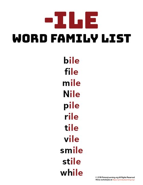 Using word families can help teach beginning spellers that words contain and share patterns. Use this word family list to introduce the sound of words ending with ILE. #worksheets #printables #phonics #wordfamily Word Family List, Words Family, Word Family Worksheets, Phonics Rules, Teaching Spelling, Preschool Reading, Phonics Sounds, English Phonics, Phonics Lessons