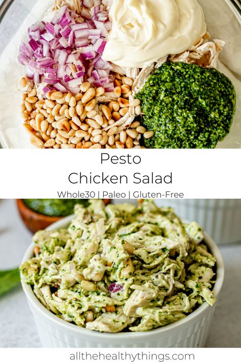 Pesto Chicken Salad, Basil Pesto Chicken, Whole30 Chicken, Grain Free Recipes, Paleo Whole 30, Macaroni Salad, Easy Lunch, Basil Pesto, Pesto Chicken