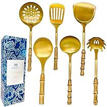 Gold Kitchen Utensils, Gold Utensils, Soup Ladle, Serving Fork, Cooking Utensils Set, Gold Kitchen, Kitchen Utensil Set, Serving Spoon, Bamboo Handles