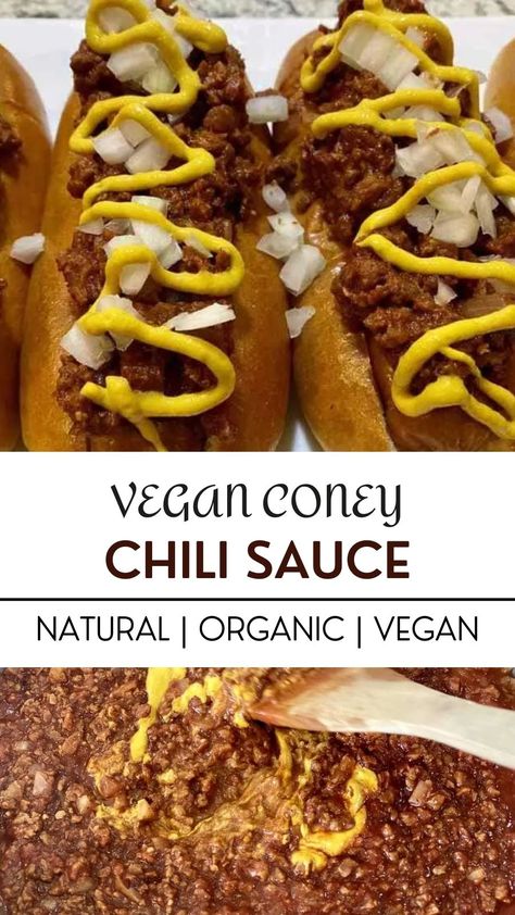 Vegan Chili Sauce, Vegan Chili Dog Sauce, Vegan Coney Dog, Vegan Chili For Hotdogs, Vegan Chili Dogs, Vegan Hot Dog Chili, Heart Snacks, Coney Dogs, Coney Sauce