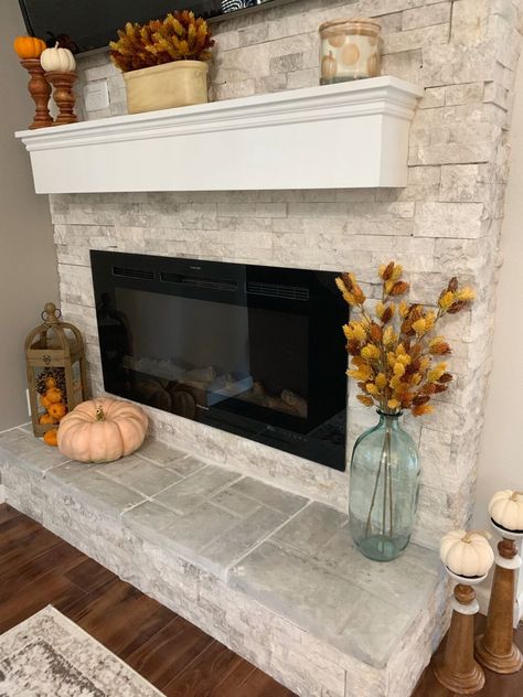 Mantel Ideas Fireplace, Fall Fireplace Mantel Decor, Fireplace Mantel Decor Ideas, Fall Fireplace Mantel, Grey Stone Fireplace, Electric Fireplace With Mantel, Fall Fireplace Decor, Fireplace Mantel Designs, Fireplace Fender