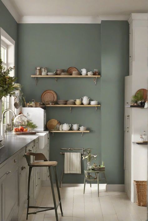 painting walls, interior paint color, kitchen wall decor, designer paint colors Kitchen Cream Cabinets Green Wall, Kitchen Living Room Wall Color, Grey Kitchen Cabinets Green Walls, Grey Green Kitchen Walls, Green Kitchen Paint Walls, Colour Ideas For Kitchen Walls, Wall Colour For Kitchen, Paint Color For Small Kitchen, Wall Paint For Kitchen