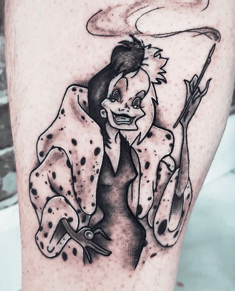 Cruella Deville Tattoo, Cruella Tattoo, Left Arm Tattoos, Cruella Deville, Poppy Art, Tattoo Design Ideas, Cartoon Tattoos, Arm Tattoos, Ink Design