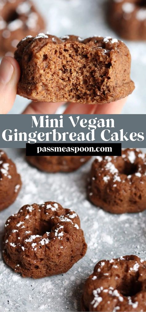 Mini vegan gingerbread cakes are fluffy and light with the perfect mix of spices for a holiday flavor.  No molasses required. Gingerbread Cakes, Gingerbread Dessert, Vegan Gingerbread, Mini Cake Pans, Gingerbread Cake, Dessert Sauces, Vegan Dessert, Cake Donuts, Great Desserts