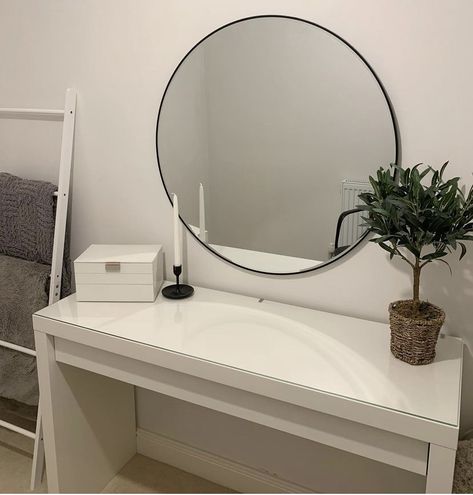 Plain Circle Mirror, Circle Mirror Above Desk, Desk With Circle Mirror, Vanity Circle Mirror, Vanity With Circle Mirror, Circular Mirror Bedroom, Circle Mirror Vanity, Round Vanity Mirror, Circle Mirror Bedroom