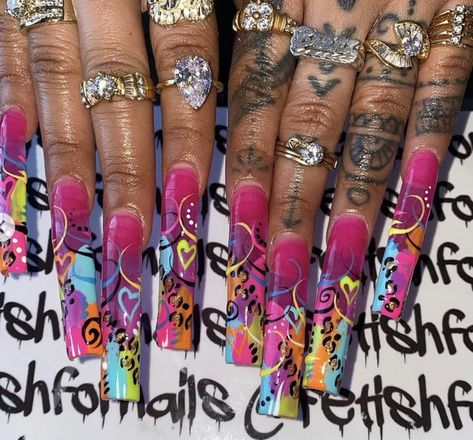 Freaknik Nail Ideas, 90 Nails The 90s Art Designs, 90s Nails, Retro Nails, Punk Nails, Hippie Nails, India Love, Long Acrylic Nail Designs, Stripped Nails